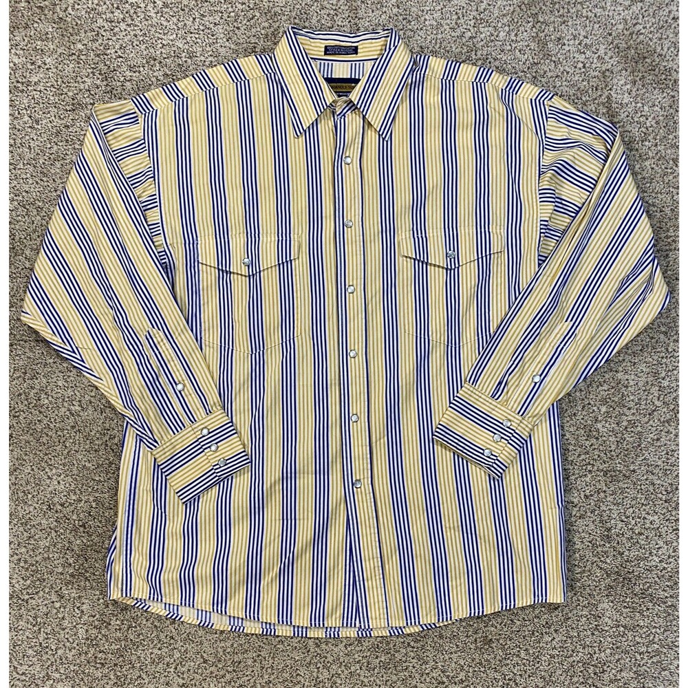VTG Panhandle Slim Shirt Mens Large Yellow Blue Stripe Western Pearl Snap 80s